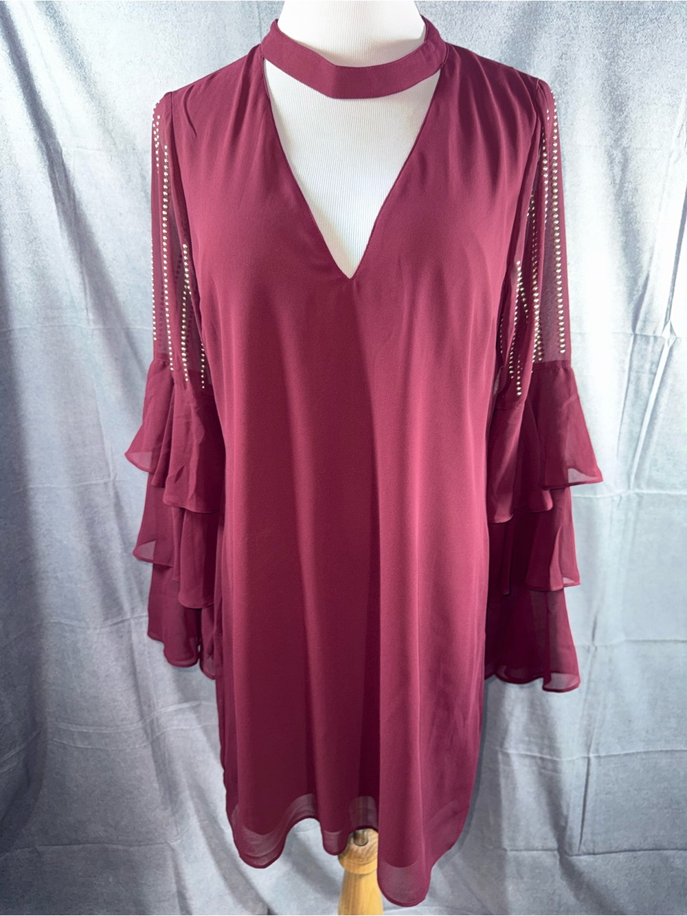 2463-Soieblu Choker Neck Ruffle Sleeve Tunic - Burgundy